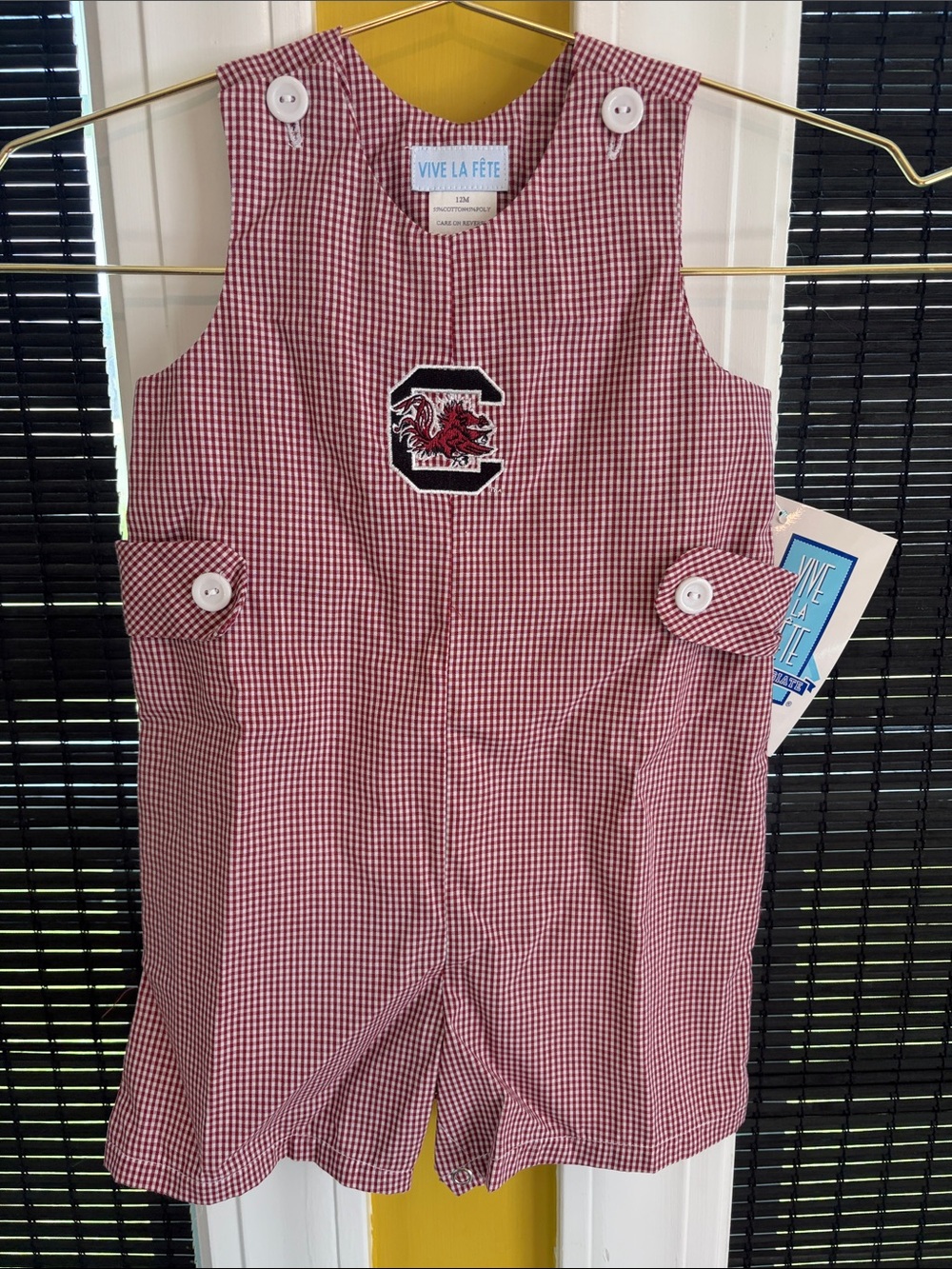 Vive La Fête Red Gingham Kids One-Piece Romper with Team Emblem
